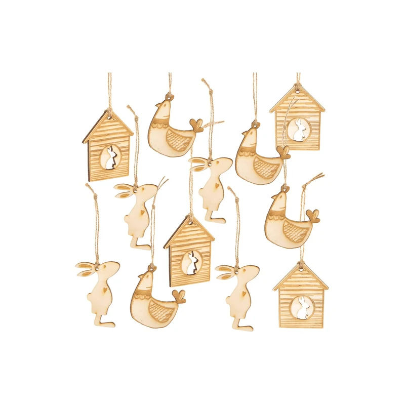 Osterdeko Set - 12 Holzanhänger zu Ostern Häuschen + Hase + Huhn
