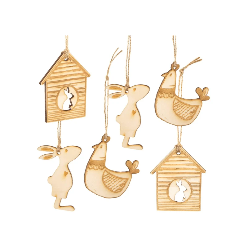 Logbuch-Verlag Osterdeko Set - 6 Osteranhänger aus Holz Häuschen + Hase + Huhn - Osterschmuck Osterstrauch dekorieren