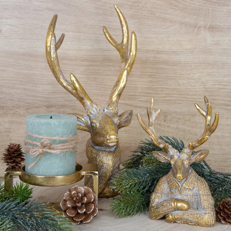 Großer Hirsch Kopf mit Geweih Gold edel Weihnachten 30 cm