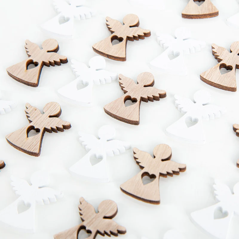 24 Mini-Engel aus Holz 3 cm – Natur & Weiß – Streudeko Weihnachten