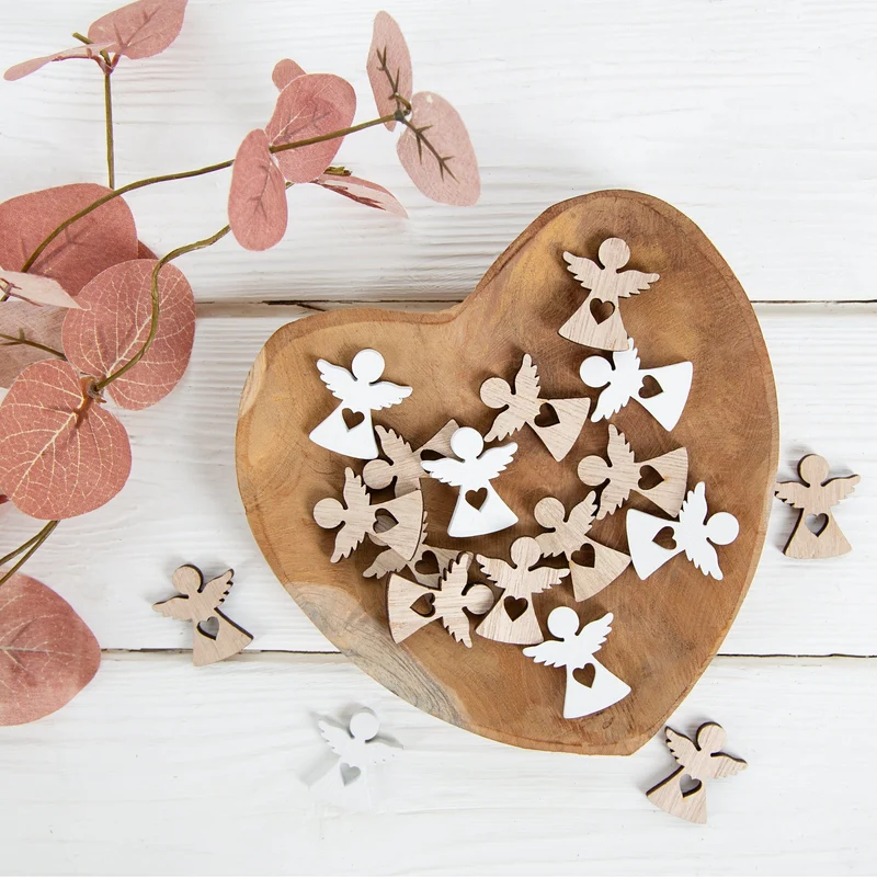 24 Mini-Engel aus Holz 3 cm – Natur & Weiß – Streudeko Weihnachten