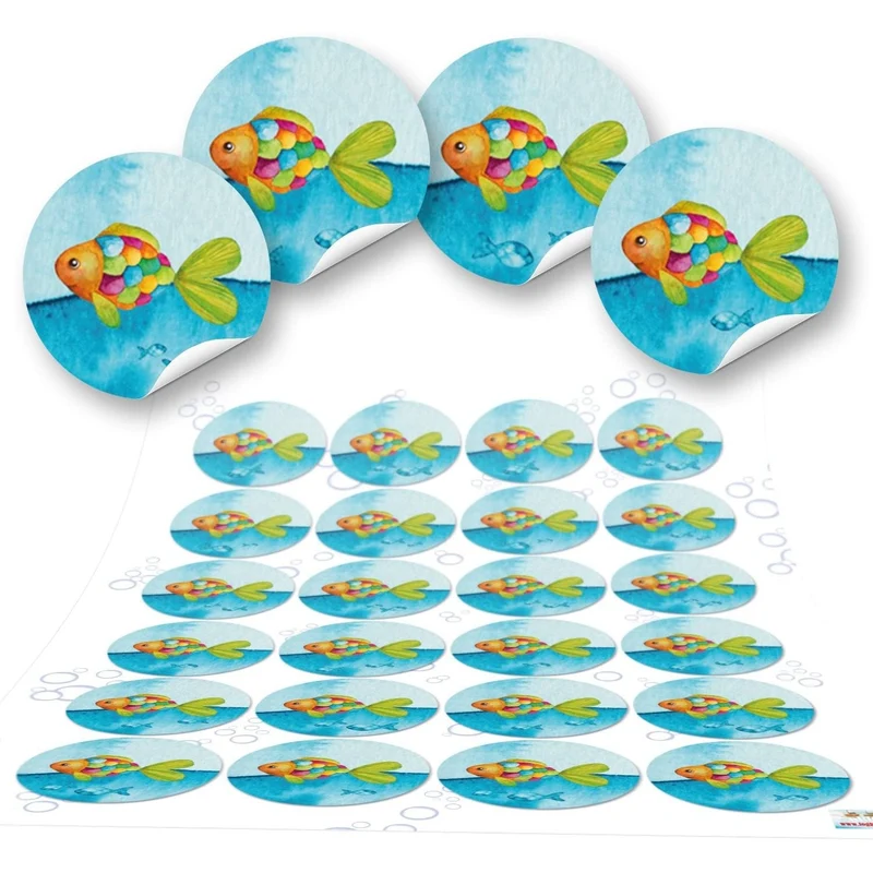 Logbuch-Verlag 24 Fische Dekoklammern aus Holz mit Aufkleber REGENBOGENFISCH türkis bunt - Tischdeko Deko Klammer Kommunion Kindergeburtstag