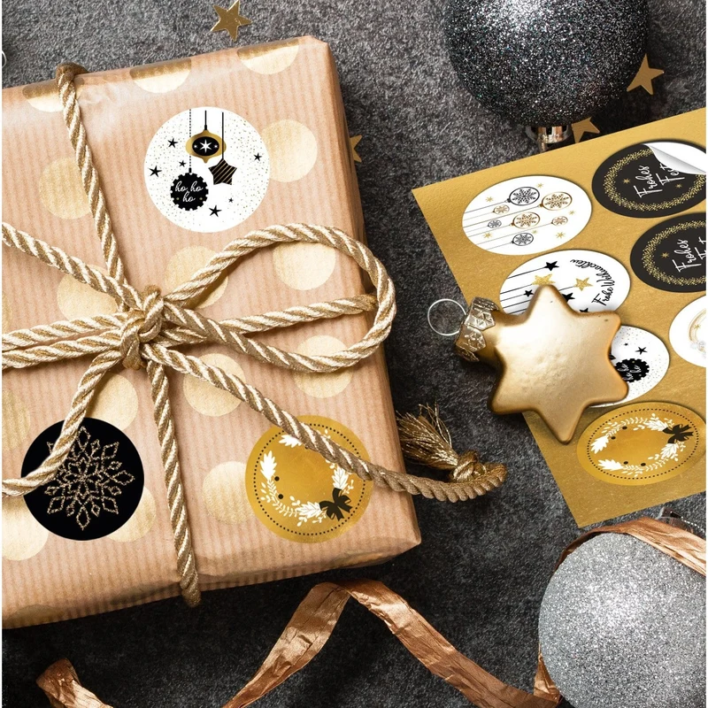 3 x 24 selbstklebende Sticker mit Weihnachtsmotiven - schwarz weiß gold