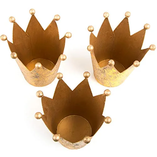 3 goldfarbene Kronen Teelichthalter aus Metall - 11,5 cm