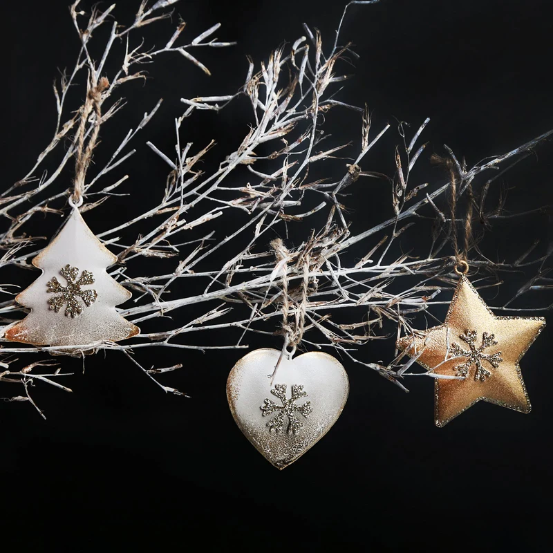 12 Weihnachtsbaumanhänger Sterne Herzen Bäume - gold weiß 5 cm