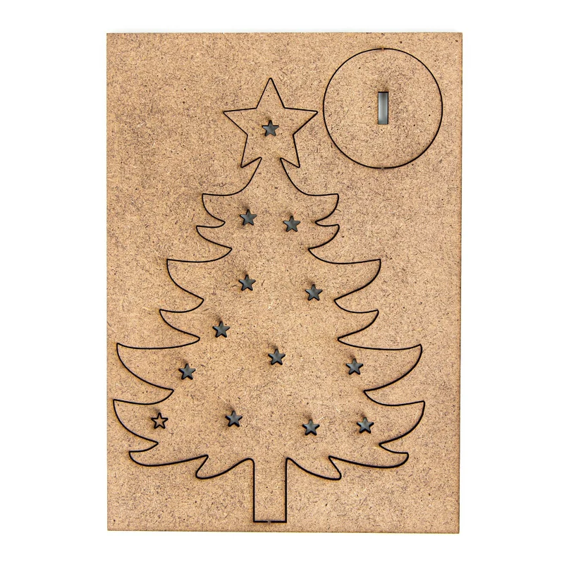 3 Weihnachtskarten DIN lang Klappkarten mit Umschlag – Sterne silber-beige mit Mini-Weihnachtsbaum aus Holz