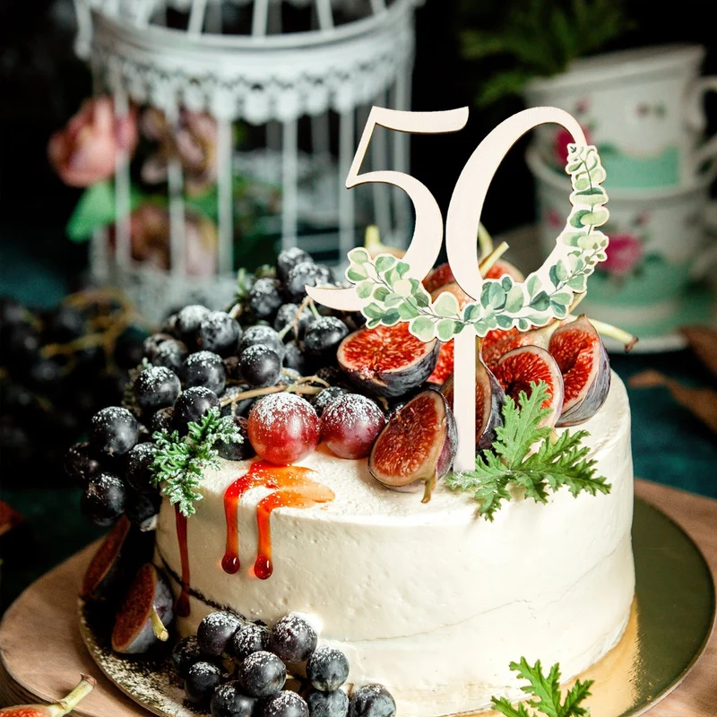 50. Geburtstag Cake Topper - Holzstecker Eukalyptus Deko 18 cm