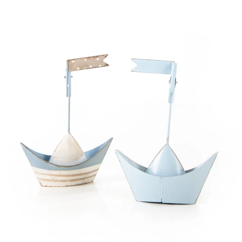 4 kleine Segelboote Metall mit Clip maritim blau weiß 11 cm