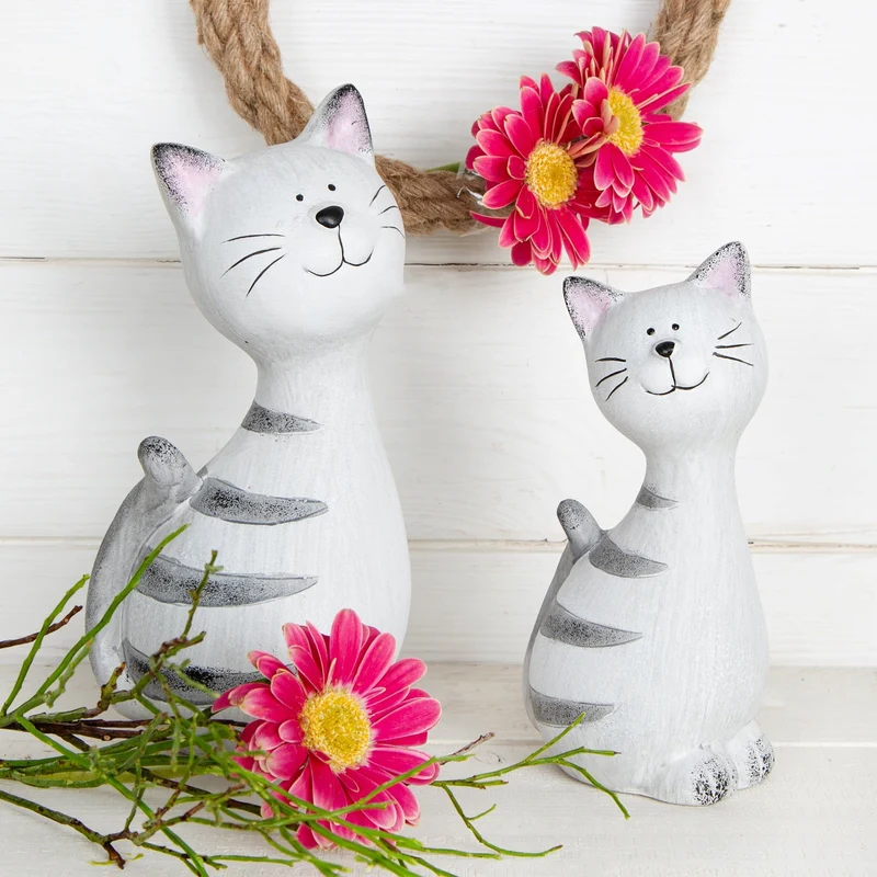 Katzen Figuren Set 2 Dekofiguren Geschenk Keramik 18 + 23 cm