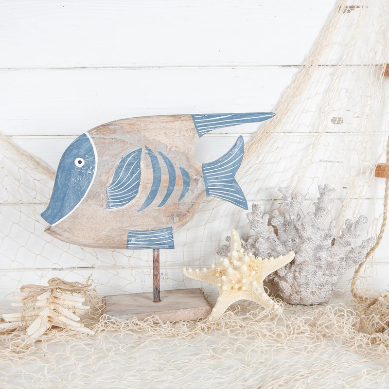 Große Fisch Figur Natur hellblau 37 cm aus Holz - Deko zum Hinstellen