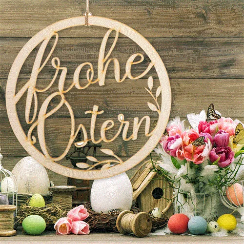 Türkranz "Frohe Ostern" aus Holz rund 24 cm - Osterkranz natur als Türschmuck