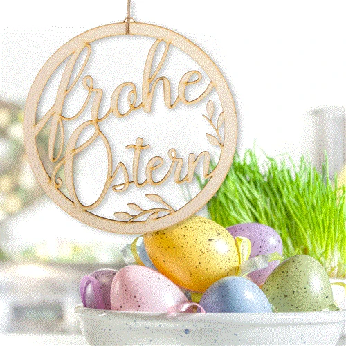 Türkranz "Frohe Ostern" aus Holz rund 24 cm - Osterkranz natur als Türschmuck