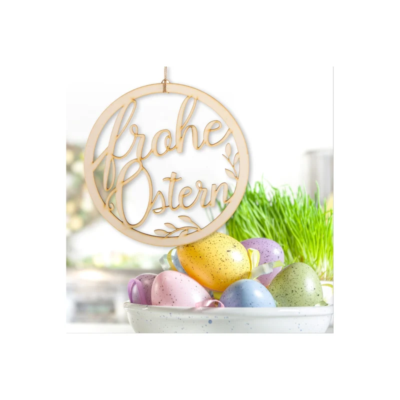 Türkranz "Frohe Ostern" aus Holz rund 24 cm - Osterkranz natur als Türschmuck