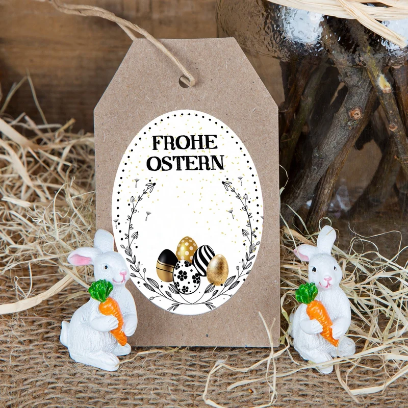 200 Osteraufkleber auf Rolle weiß schwarz gold - Ostersticker zum Beschriften 6 x 4,5 cm