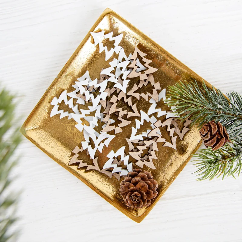 Weihnachtsdeko Set 24 Holz Streuteile Bäume weiß braun 3 cm