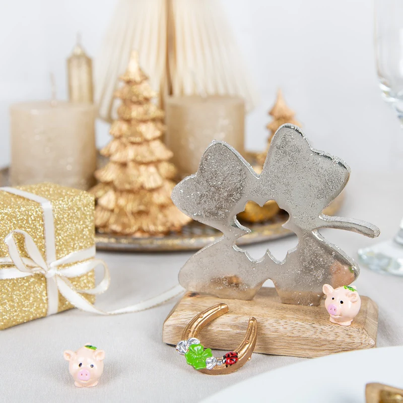 3 kleine Kleeblatt Figuren aus Metall silber auf Holzsockel - Glücksbringer Geschenk