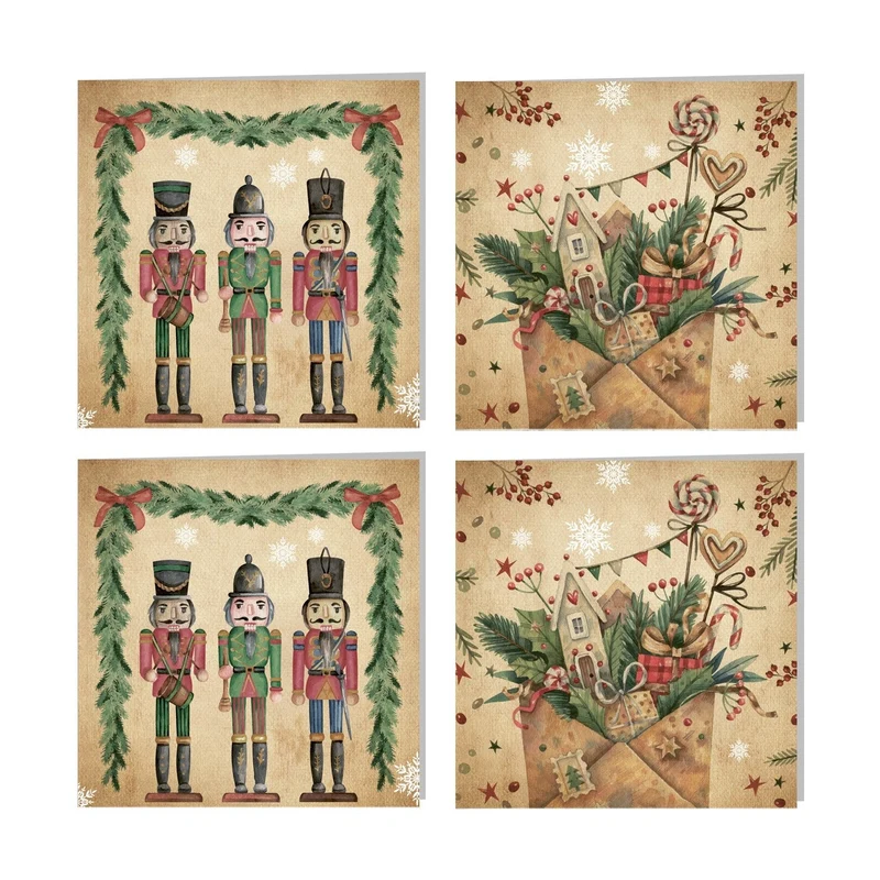 4 Weihnachtskarten quadratisch 14,8 x 14,8 cm Klappkarten mit Umschlag – Nussknacker beige