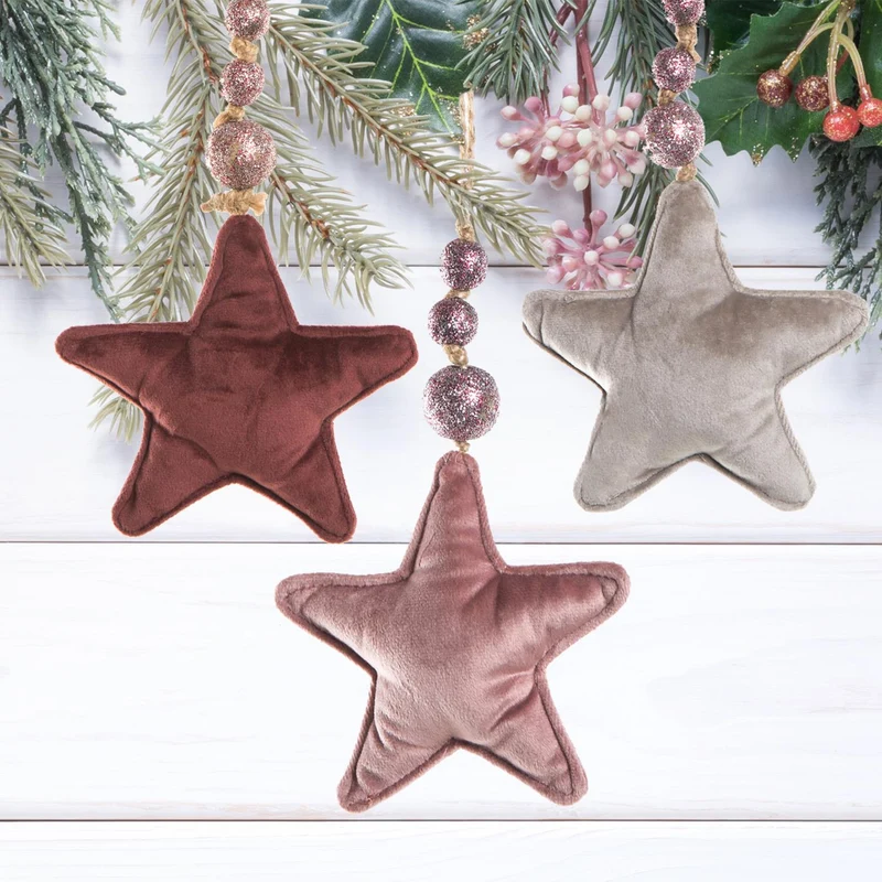 3 Samt Sterne zum Aufhängen mit Schnur und Glitzerkugeln - rosé grau
