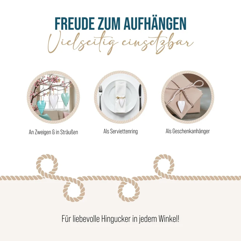 12 Metallherzen zum Aufhängen - Herz Deko Anhänger 7 cm türkis weiß