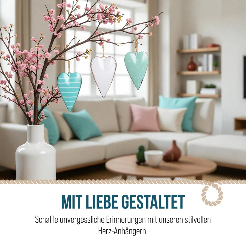 12 Metallherzen zum Aufhängen - Herz Deko Anhänger 7 cm türkis weiß