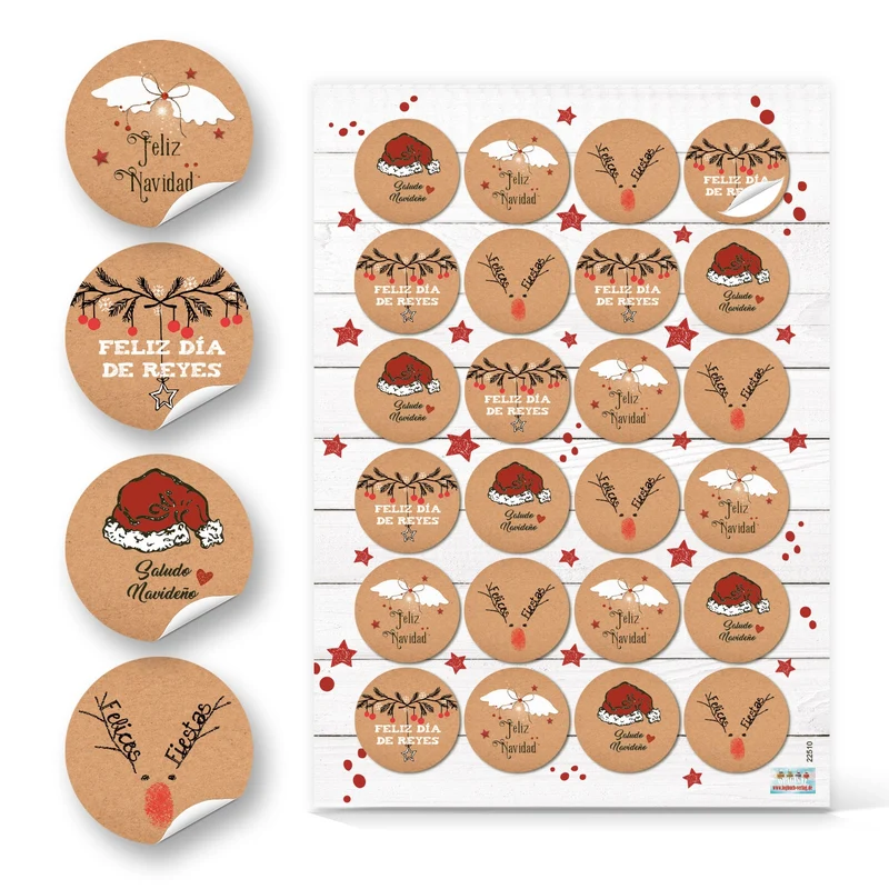 24 Weihnachtsaufkleber mit spanischem Text - Weihnachtsgrüße Feliz Navidad Ø 4 cm rot braun weiß
