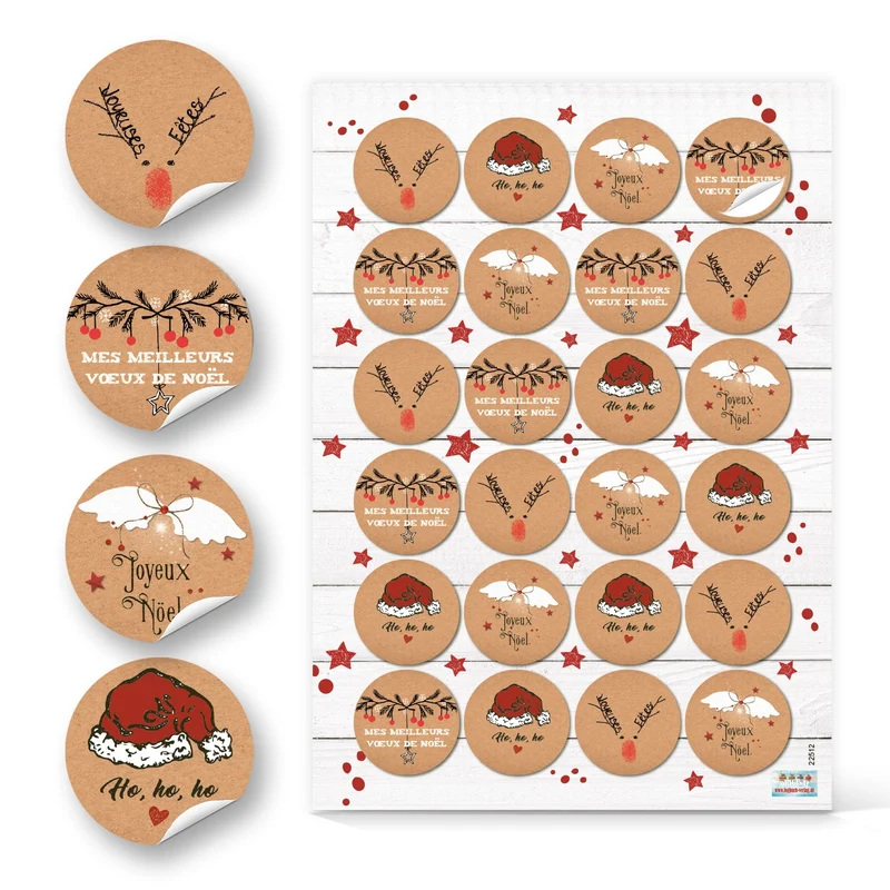 96 WeihnachtsaufkleberJoyeux Noël/Joyeuses Fêtes - Weihnachtsgrüße französisch Ø 4 cm Kraftpapier-Optik