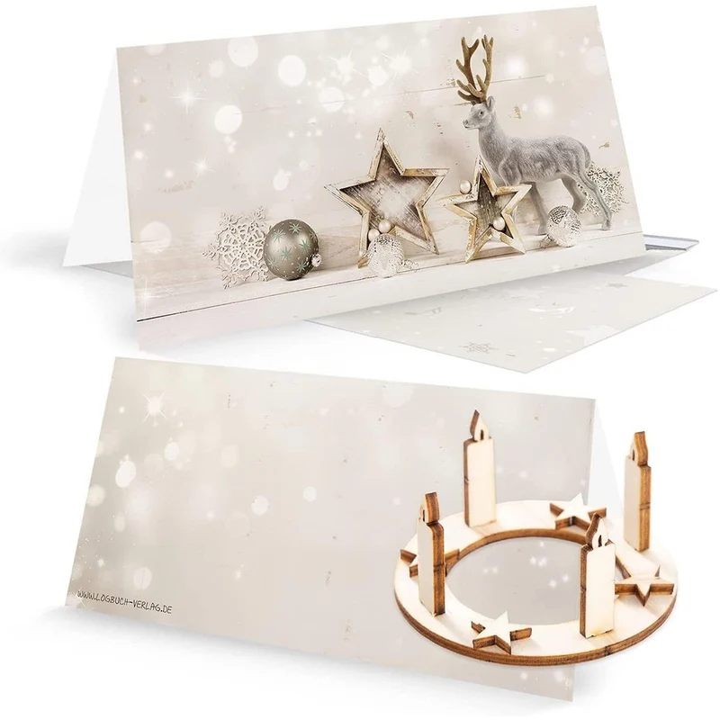 3 Weihnachtskarten DIN lang Klappkarten mit Umschlag – beige-silber mit Mini-Adventskranz