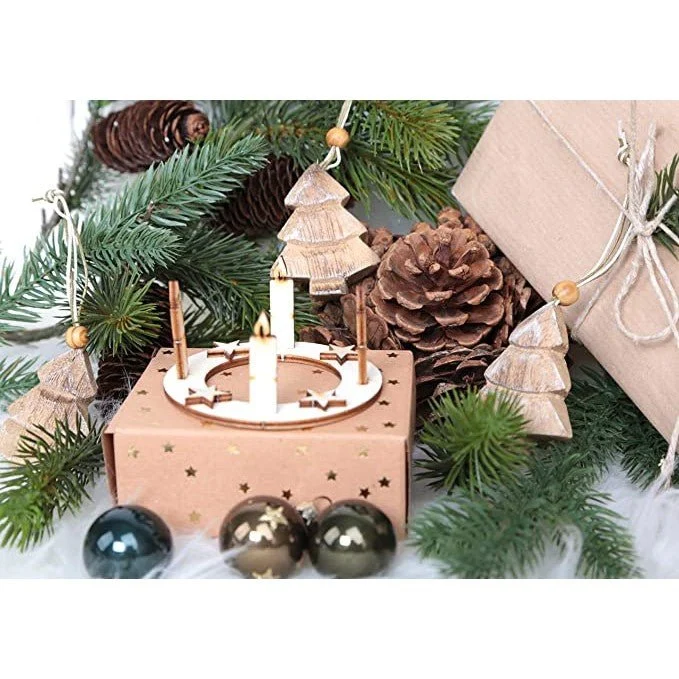 3 Weihnachtskarten Klappkarten mit Umschlag – beige-silber mit Mini-Adventskranz aus Holz