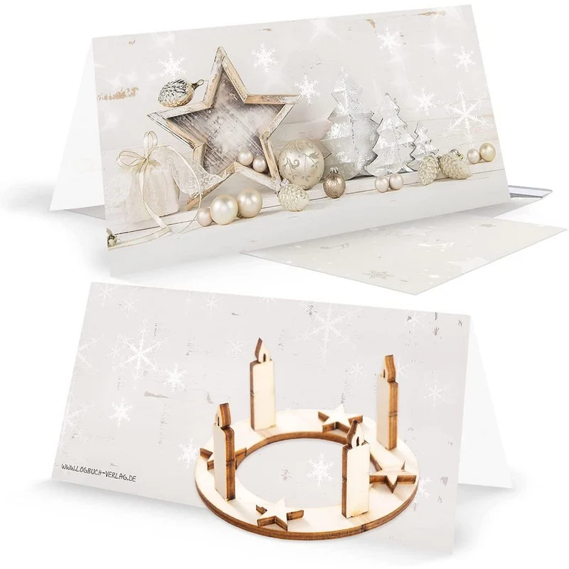 3 Weihnachtskarten Klappkarten mit Umschlag – innen blanko mit Mini-Adventskranz aus Holz