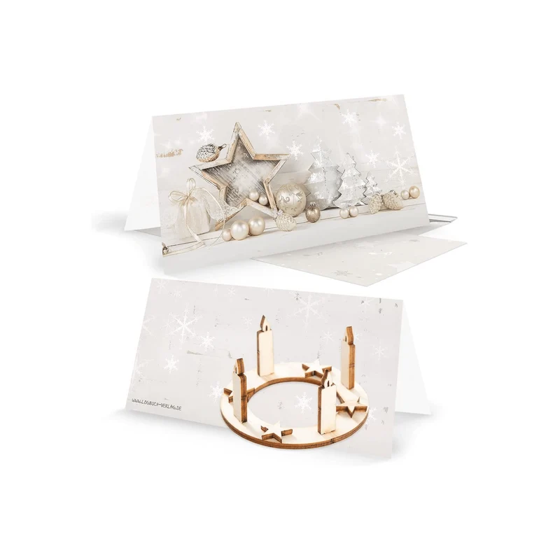 3 Weihnachtskarten Klappkarten mit Umschlag – innen blanko mit Mini-Adventskranz aus Holz