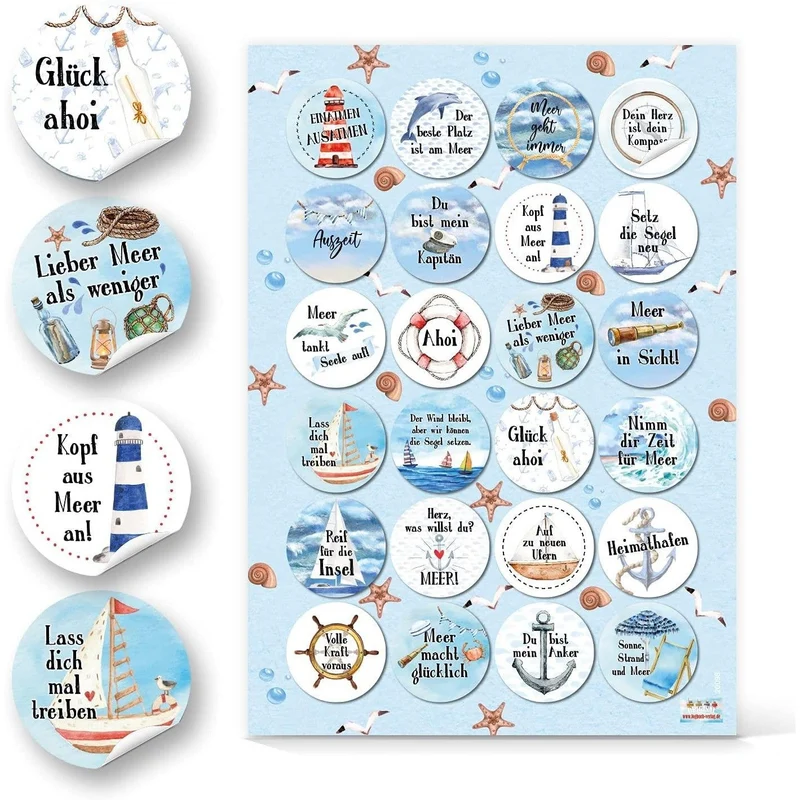 Sticker SET 24 maritime Sprüche Aufkleber + 24 Anker Aufkleber 4 cm