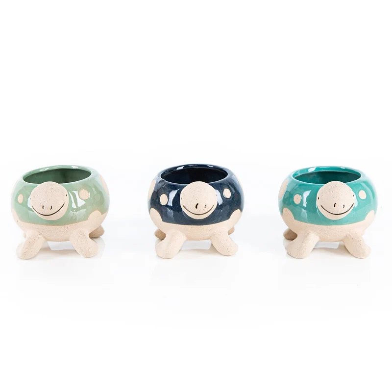 3 Schildkröten Blumentöpfe klein Keramik türkis blau grün 13 cm