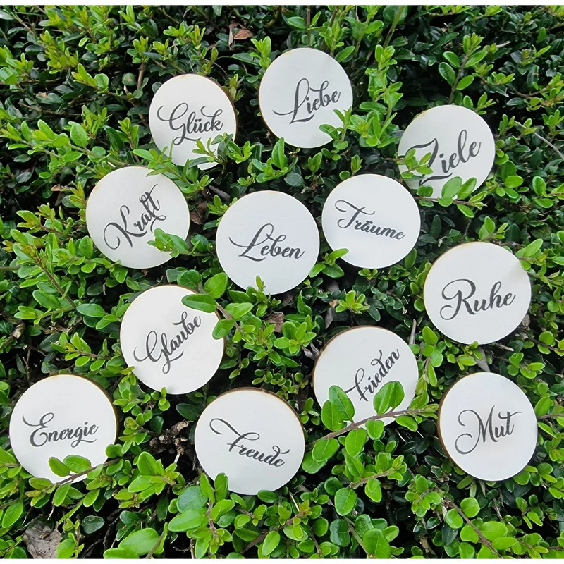 12 Glückstaler aus Holz inkl. braunes Säckchen - Worte Liebe Glück Freude Glückssteine 4 cm