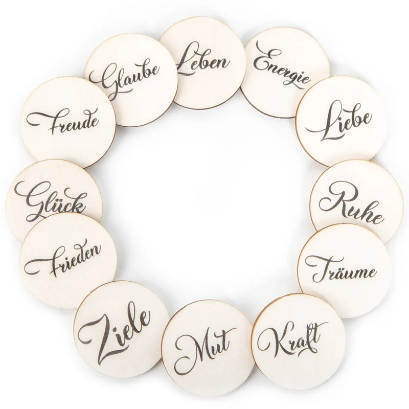 12 Glückstaler aus Holz inkl. braunes Säckchen - Worte Liebe Glück Freude Glückssteine 4 cm