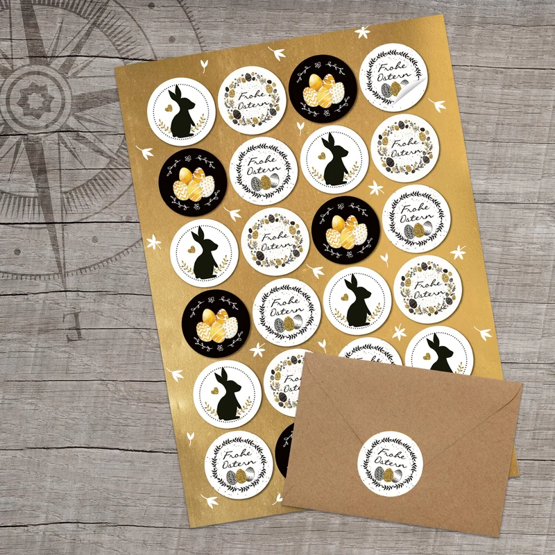 Logbuch-Verlag 24 Oster Sticker schwarz weiß gold - Osteraufkleber Ostersticker selbstklebend rund Ø 4 cm - Frohe Ostern Dekosticker