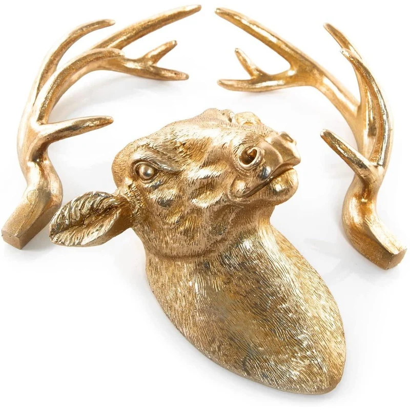 Hirschkopf Wandskulptur aus Kunstharz Gold mit Geweih