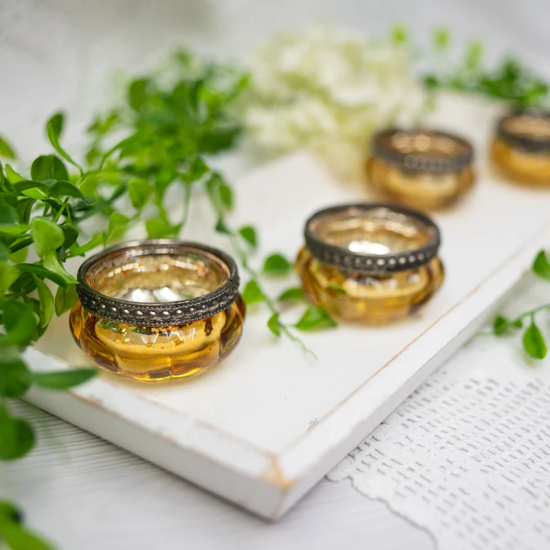 6 vintage Teelichtgläser gold antik - 6 x 3,5 cm aus Glas und Metall