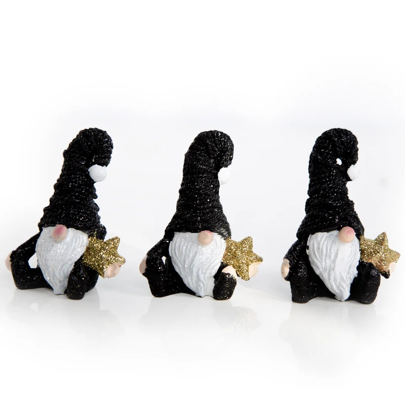 3 Wichtel Weihnachtsfiguren - kleines Geschenk schwarz weiß Gold 8 cm