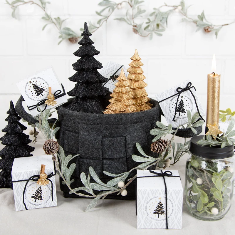 3 Weihnachten Deko Bäume schwarz gold glitzernd 8,5-18 cm