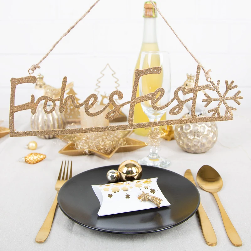 Frohes Fest Türschild - Schriftzug zum Aufhängen gold 25,5 cm