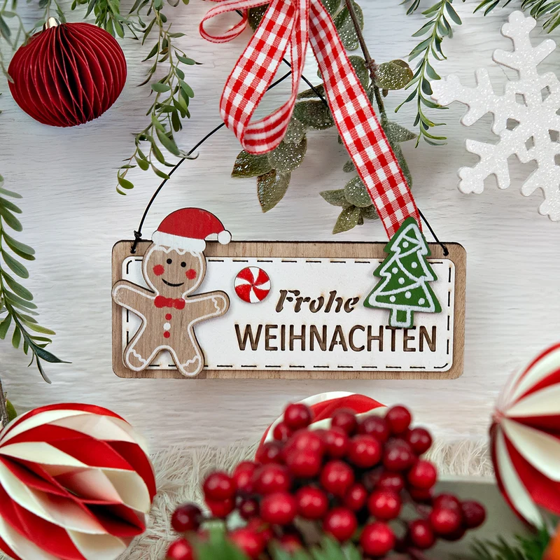 Frohe Weihnachten Holzschild braun rot - Türschild Lebkuchenmann 12 cm
