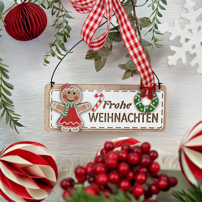 Frohe Weihnachten Türschild aus Holz - braun rot grün 12 cm