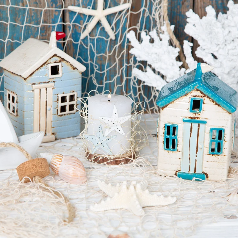 2 Strandhaus Windlichter blau creme 18 cm