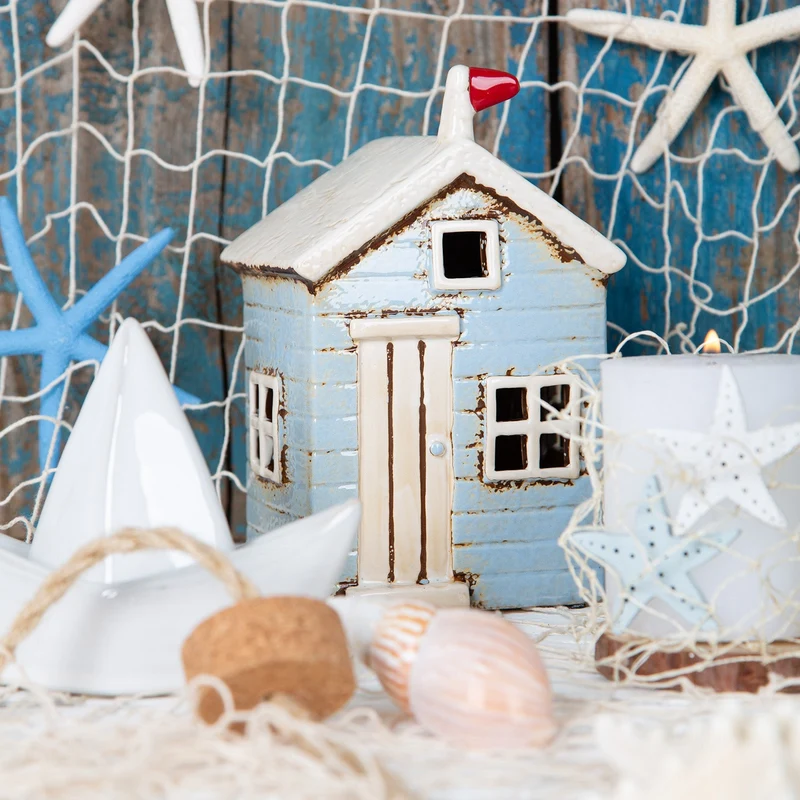 2 Strandhaus Windlichter blau creme 18 cm