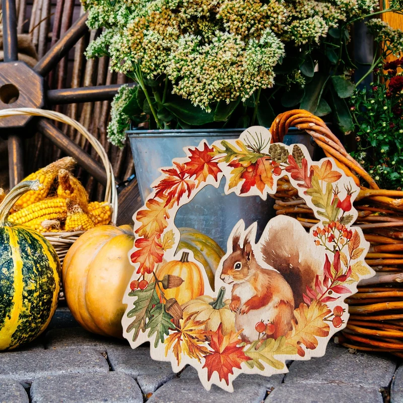 Herbst Deko Türkranz aus Holz Eichhörnchen Herbstdeko 29,5 cm