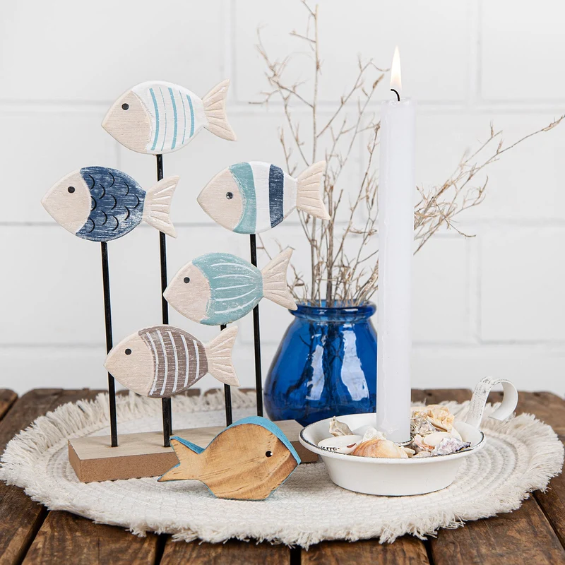 5 Fische auf Stab zum Hinstellen weiß blau 26 cm hoch maritime Deko