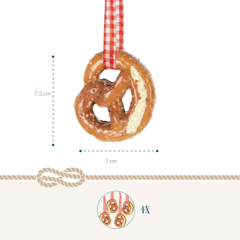 4 künstliche Brezen mit rot-weißem Band - Bayern Oktoberfest 7,5 x 7 cm