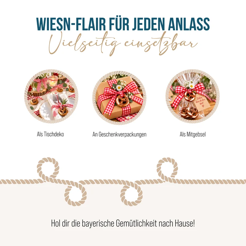4 künstliche Brezen mit rot-weißem Band - Bayern Oktoberfest 7,5 x 7 cm