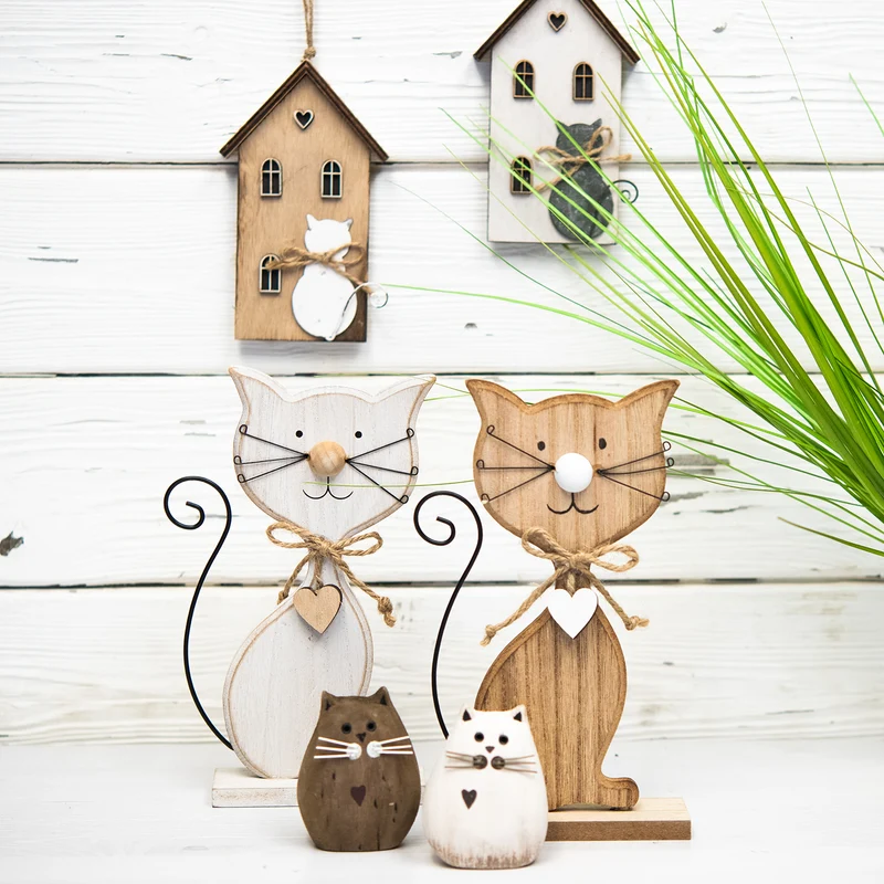 Katzen Figuren Set aus Holz - braun weiß Katzenpaar 20 cm
