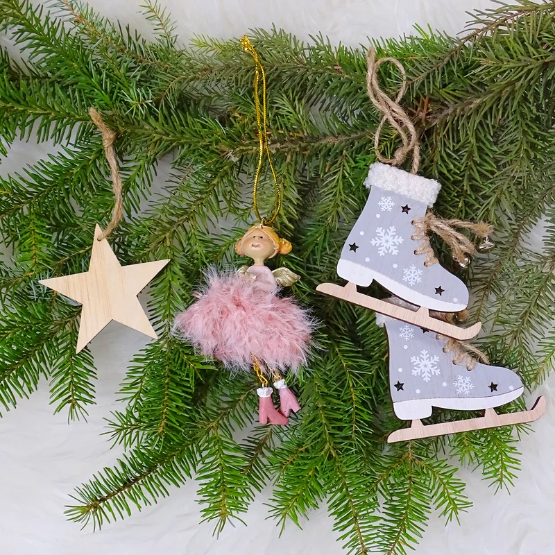 4 Schlittschuhpaare Deko Weihnachtsanhänger aus Holz